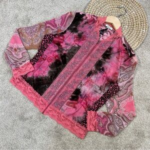 Jaipur Women’s Mesh Sheer Full Zip Blouse Top Beaded Longsleeve Fairy in Pink L